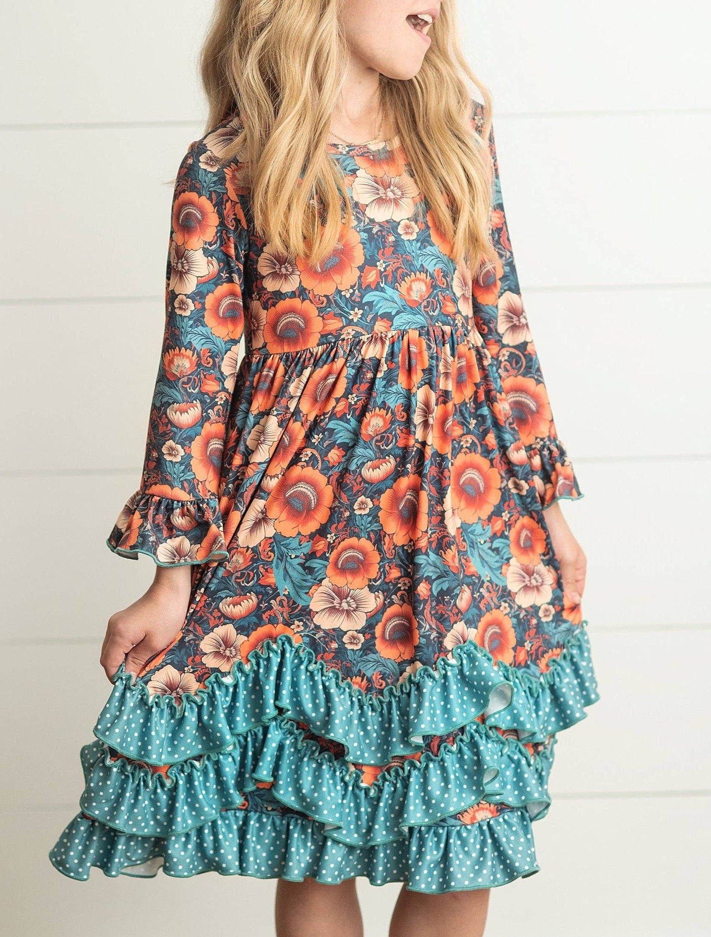 Kids Rust & Teal Floral Long Sleeve Fall 3 Ruffle Dress