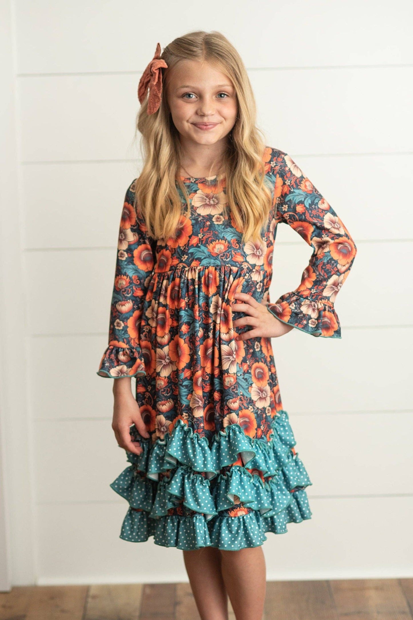 Kids Rust & Teal Floral Long Sleeve Fall 3 Ruffle Dress