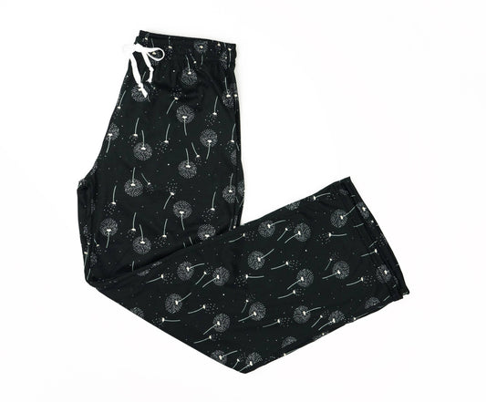 Black Lounge pants, drawstring, dandelion print- whimsical