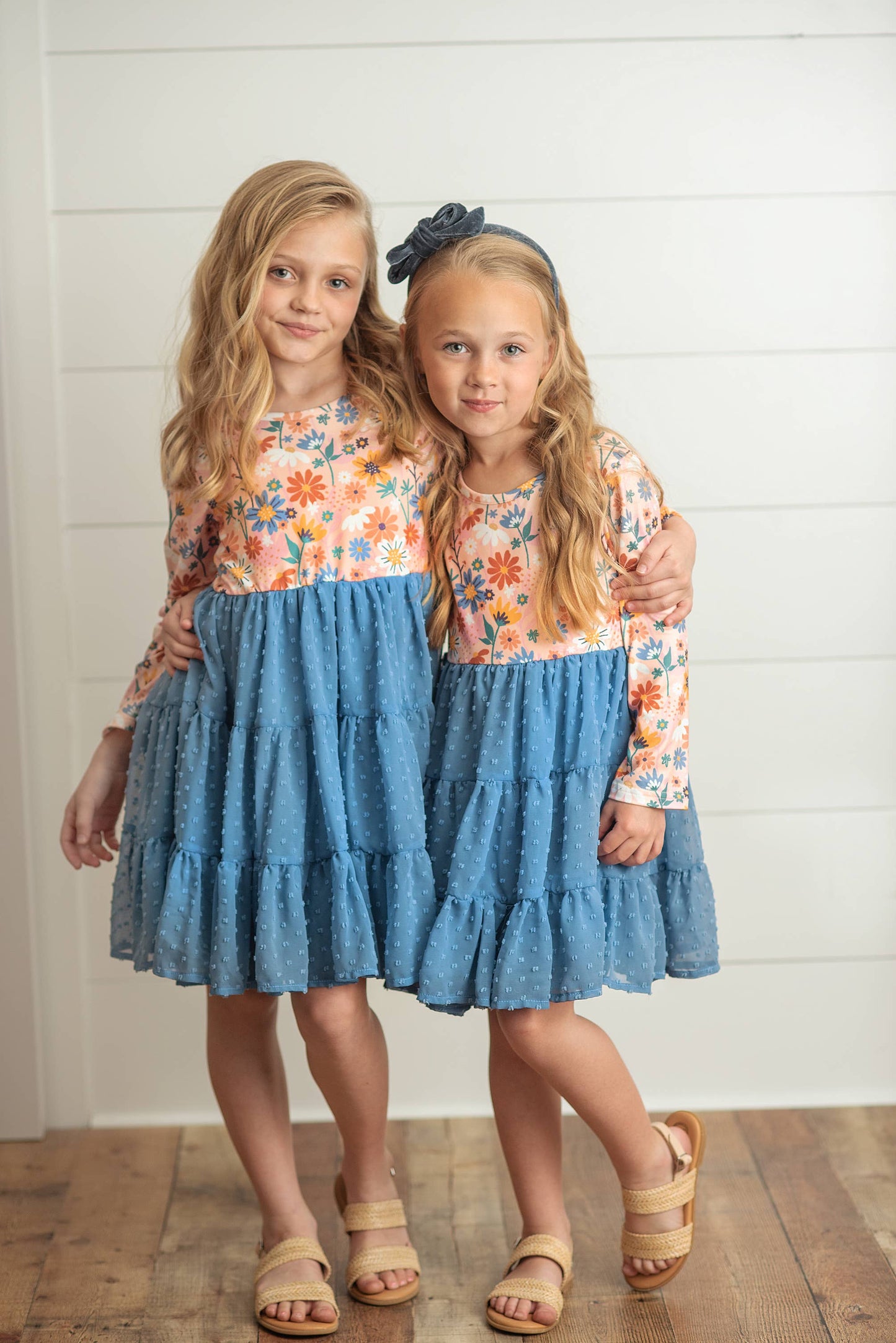 Kids Dusty Blue Flower Print Swiss Dot Tulle Fall Dress