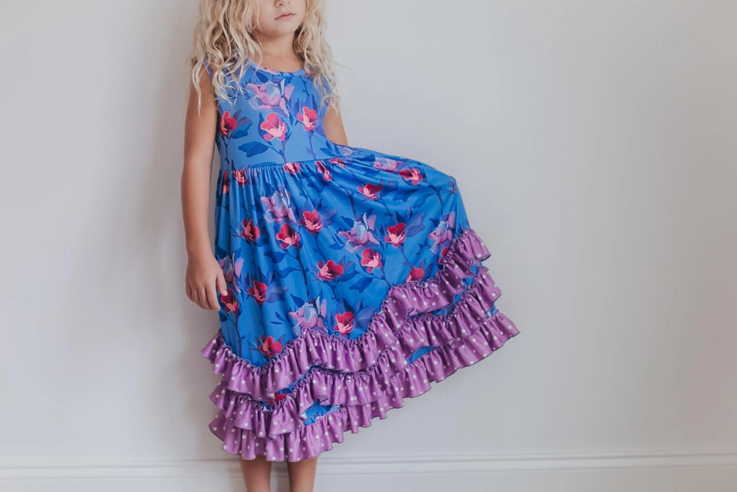 Kids Lavender Floral 3 Ruffle Summer Dress