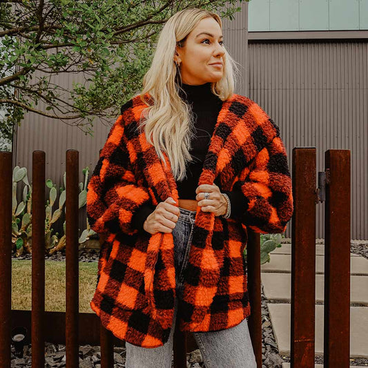 Red Plaid Lightweight Body Wrap with Hoodie and Pockets