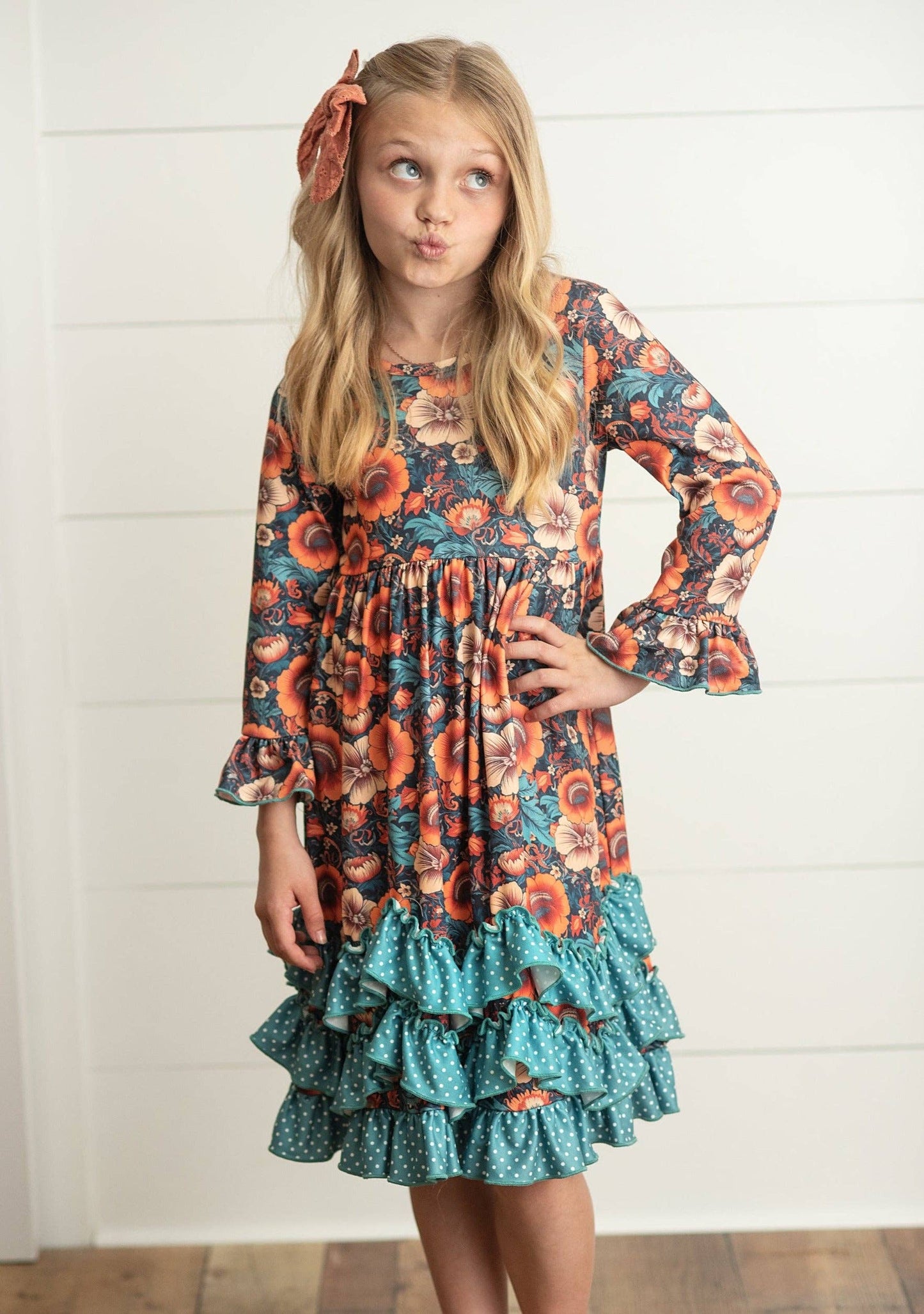 Kids Rust & Teal Floral Long Sleeve Fall 3 Ruffle Dress