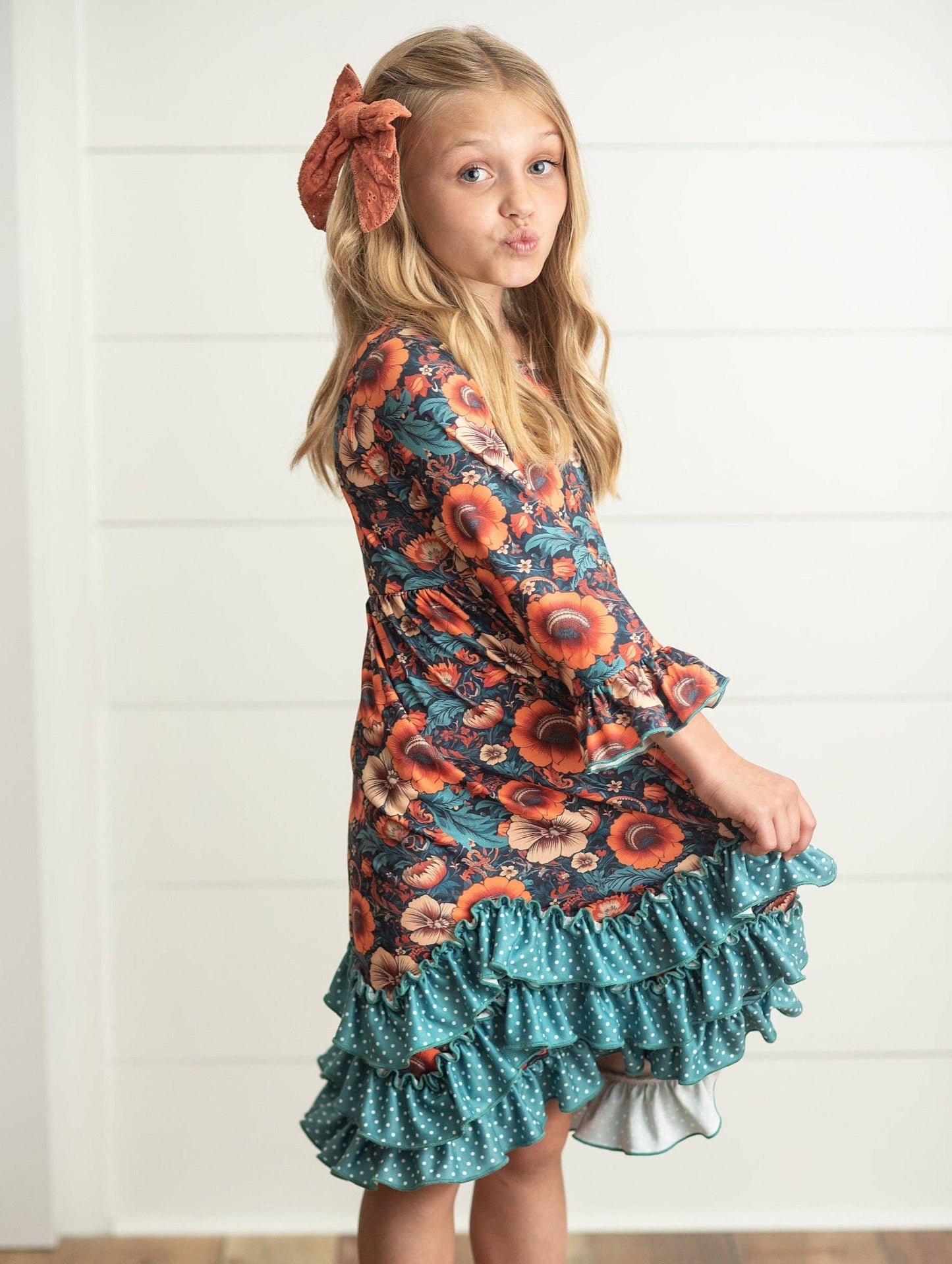 Kids Rust & Teal Floral Long Sleeve Fall 3 Ruffle Dress