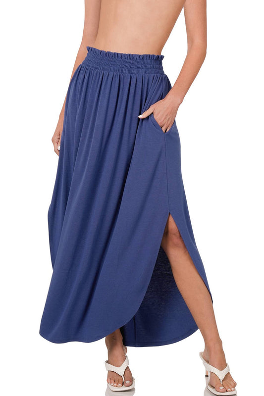 Blue maxi skirt with a slit on a white background