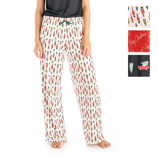 Hello Mello Holiday Lounge Pants- White W/ Nutcracker & Tree