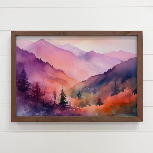 Purple Ombre Mountain Cabin Decor: 12x18" Medium Canvas Art with Thick Wood Frame