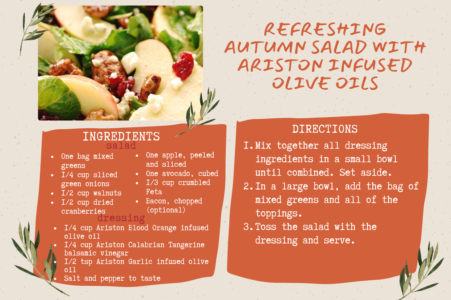 Autumn Salad with Ariston Infused Blood Orange infused olive oil