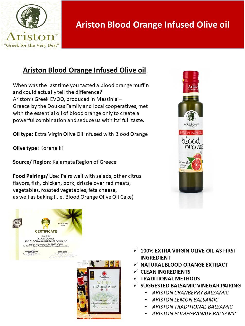 Blood Orange Aristion Olive oil- food pairings, source Greece