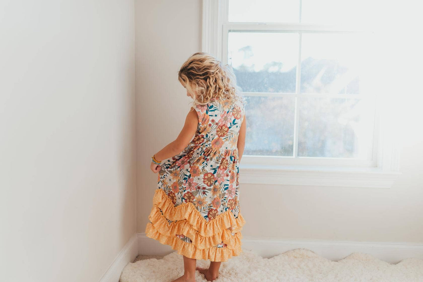 Kids Retro Butter Floral 3 Ruffle Summer Dress