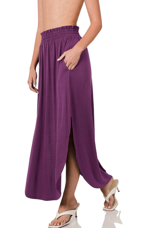 Smocked Waist Side Slit Maxi Skirt with Pockets: EGGPLANT