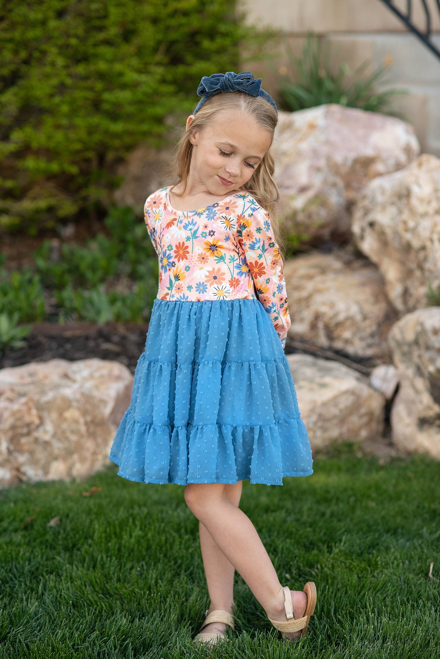 Kids Dusty Blue Flower Print Swiss Dot Tulle Fall Dress