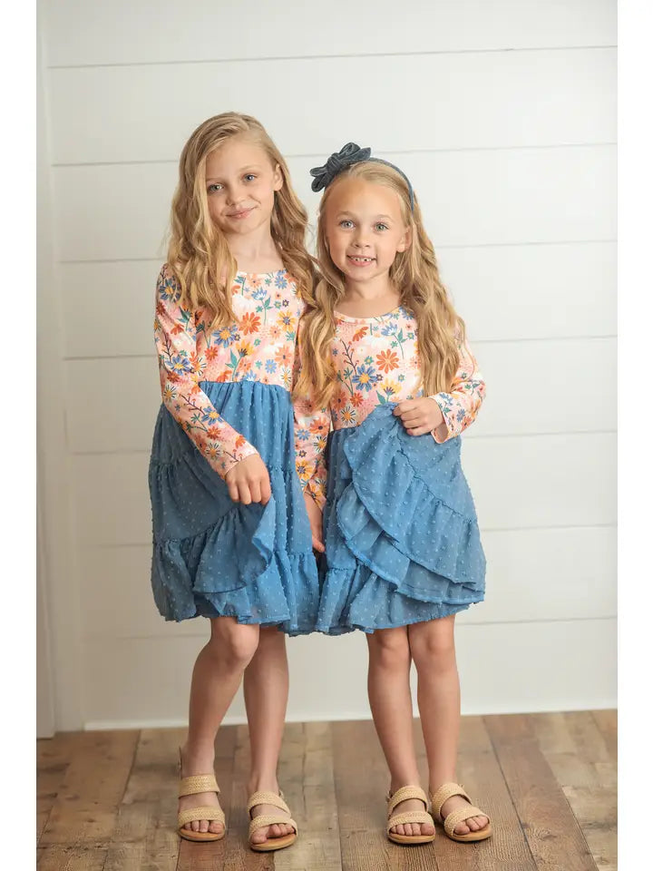 Kids Dusty Blue Flower Print Swiss Dot Tulle Fall Dress