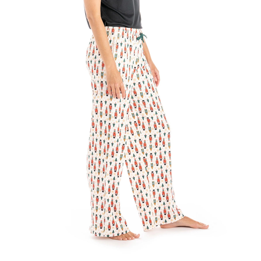 Hello Mello Holiday Lounge Pants- White W/ Nutcracker & Tree